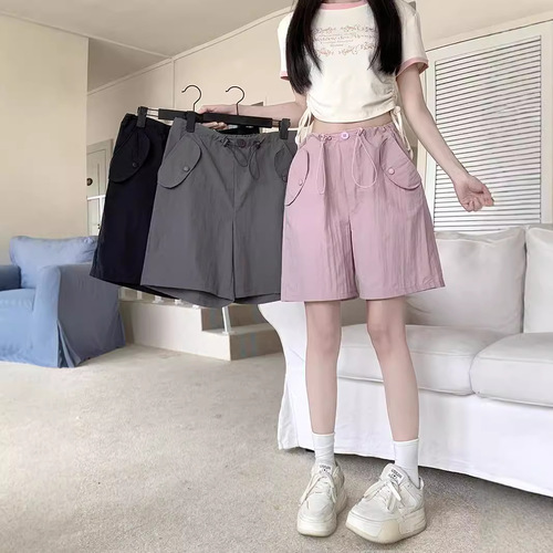 Pink Work Shorts for Women, Summer Loose Thin Style American Quick-Dry Sport Pants High-Waisted Wide Leg Casual Five-Finger Pants