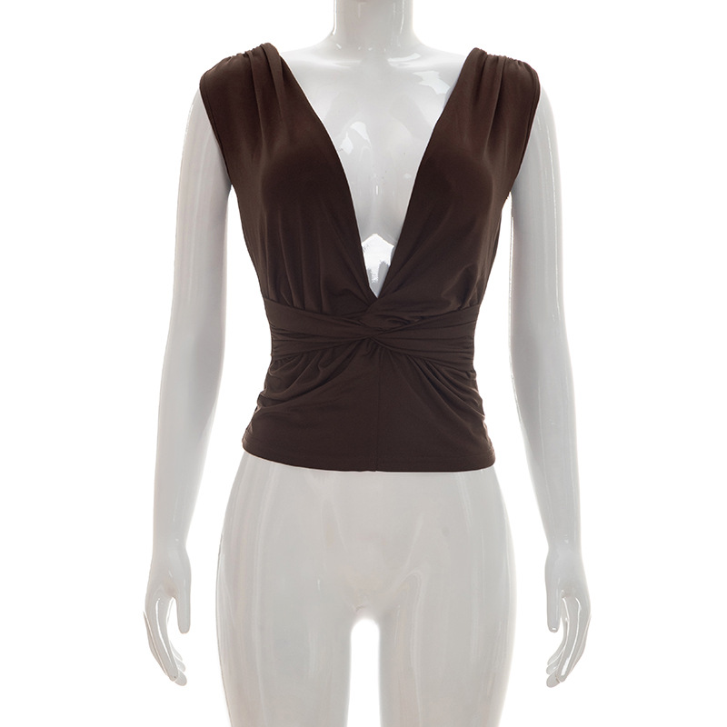 Women's V Neck Pullover Top Spring Summer Solid Color Ruched Knot Waist Cinching New Fashion_ecoleips.com