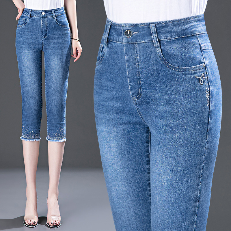 6221 Denim Cropped Pants Women's Embroidered Hot Rhinestone Fur Edge Middle-aged Women's Large Size Elastic Short Pants
