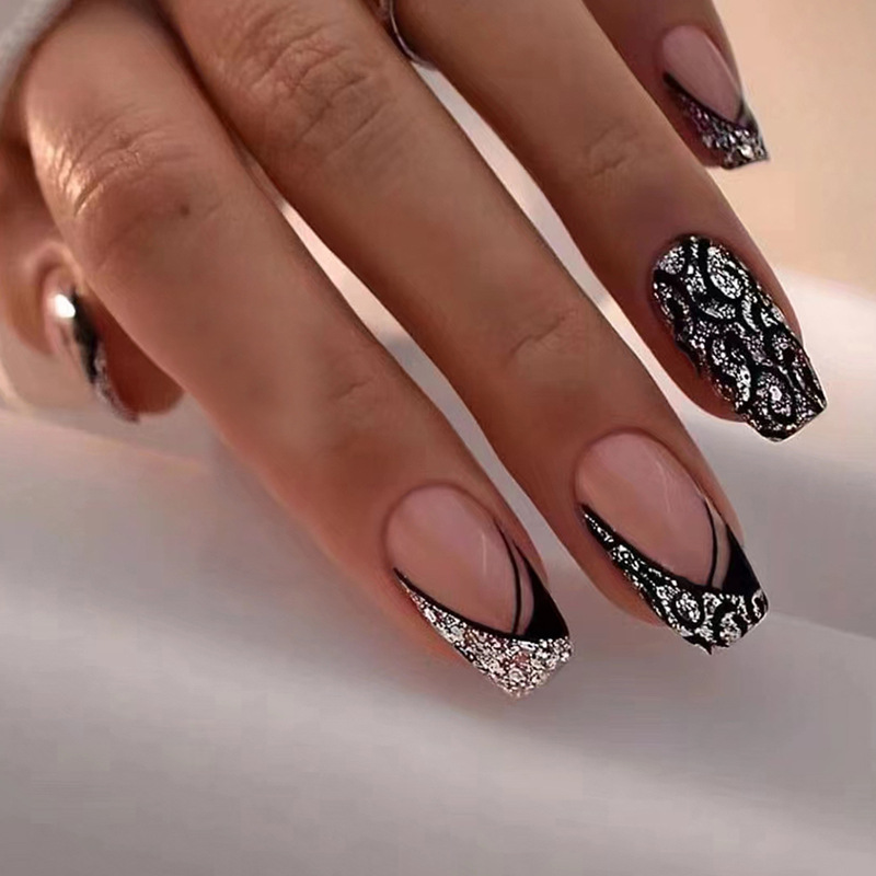 Leopard Pattern False Nails French Style Sparkling Short Nails_voghion.com