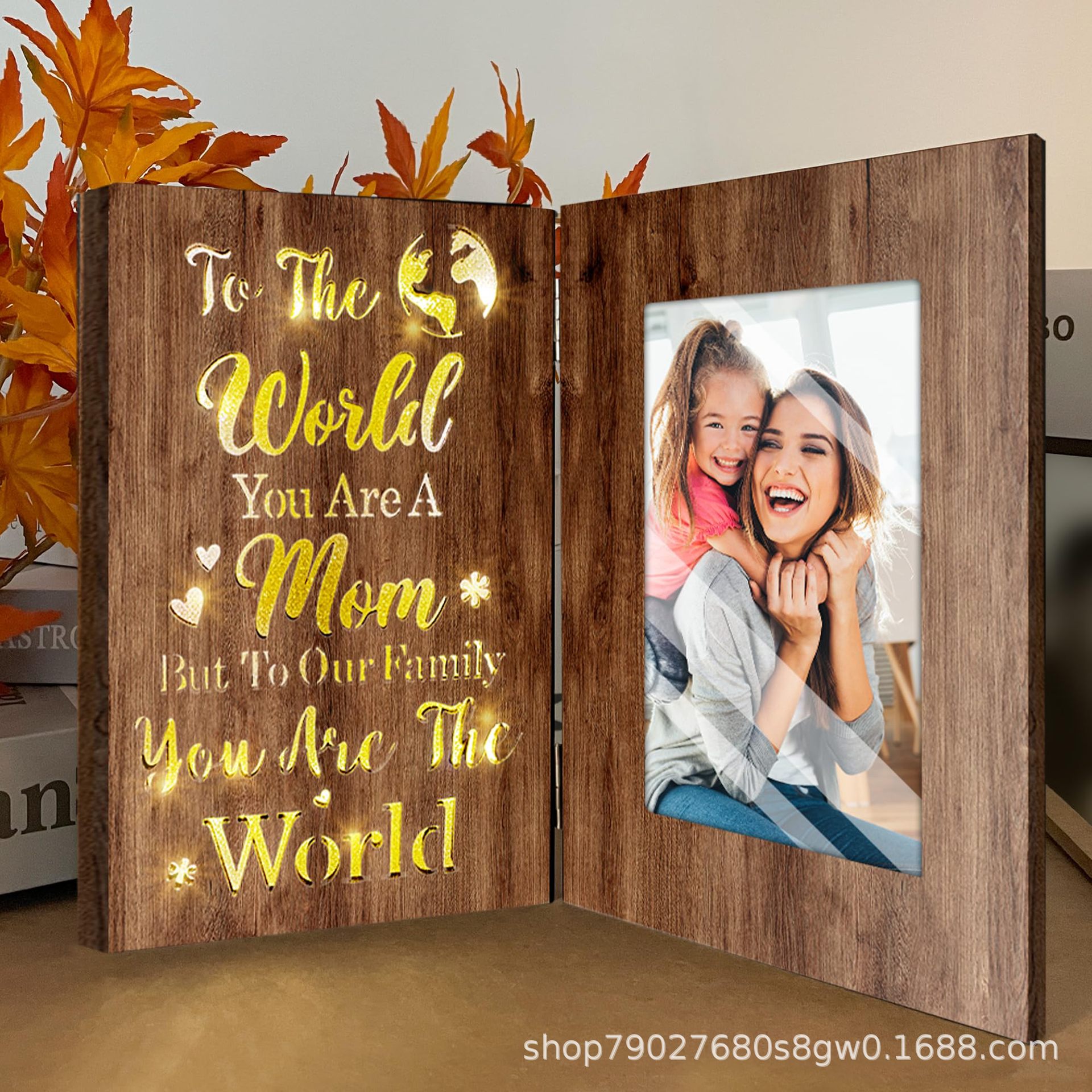 Wooden Folding Luminous Photo Frame Holiday Gift Ornaments Decorative Photo Frame Mother and Daughter Photo Clip Ornaments Table Picture Frame