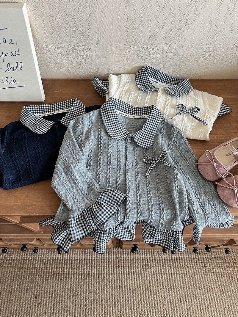 2026 primavera nueva camisa de cuello de muñeca de cuadrícula de mangas largas de encaje arco de camisa de estilo occidental para niños