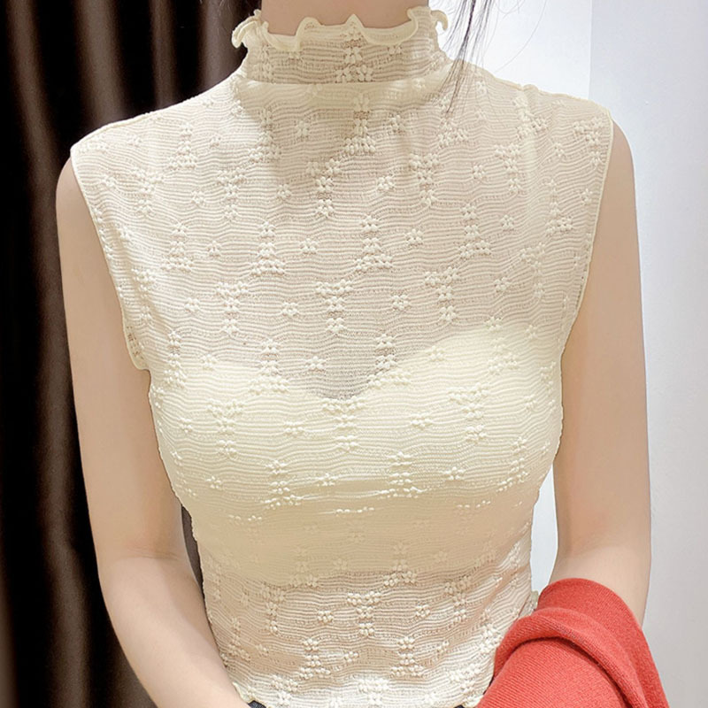 2025 Spring and Summer New Style Half Turtleneck with Lace Vest for Women with Fake Collar and Mesh Bottoming Shirt Top