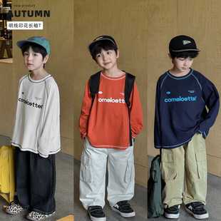Tongku 2025 Boys Autumn Knitted Children's Clothing Fashion Topstitch Small and Medium-Sized Children's Bottoming Shirt Letter Print Children's T-Shirt