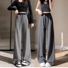 螺纹撞色腰条纹阔腿裤女秋季新款垂感显瘦直筒裤高腰高个子条纹裤
