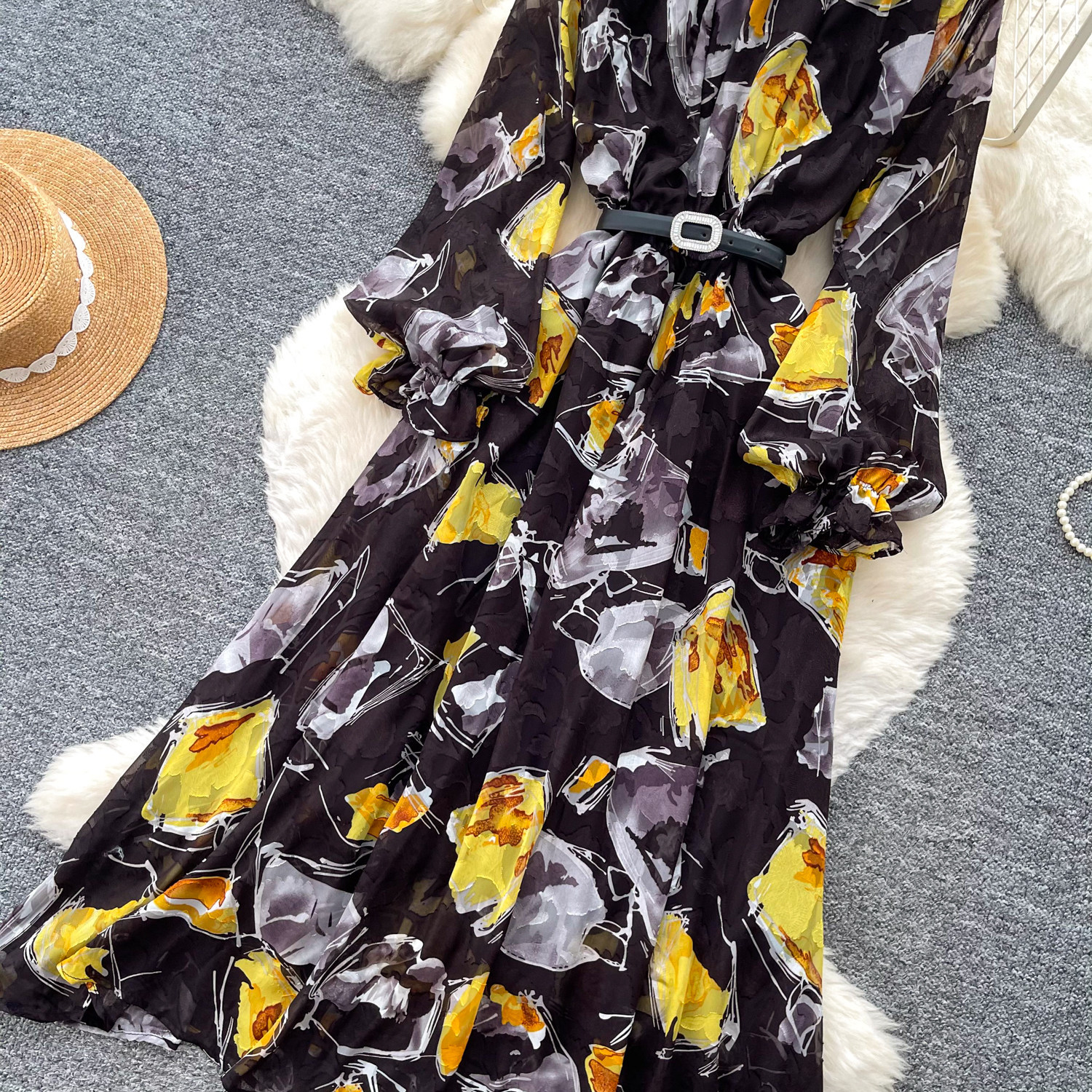 Retro Print Stand Collar Long Sleeve Dress Korean Style Slim Fit Waist Cinching A Line Elegant Long Dress For Women Summer Commuting_ecoleips.com