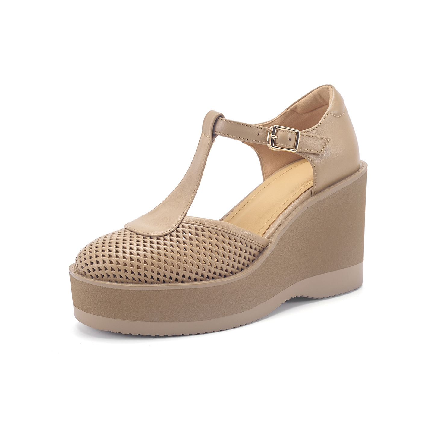 Sandal cao gót nữ đế dày 9.5 cm quai khóa chữ T phong cách tổ chim — màu trắng ngà chi tiết 13