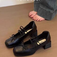 法式复古玛丽珍鞋女2025秋季新款粗跟方头蝴蝶结小皮鞋一字带单鞋
