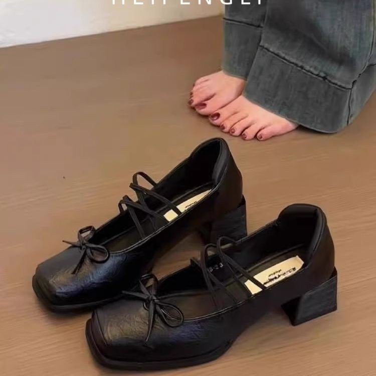法式复古玛丽珍鞋女2025秋季新款粗跟方头蝴蝶结小皮鞋一字带单鞋|undefined