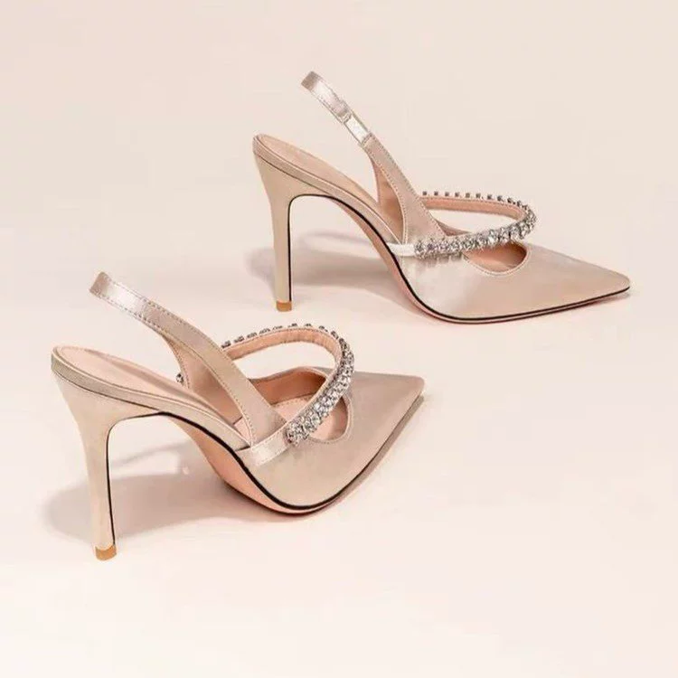Туфли на высоком каблуке для женщин, свадебные туфли, туфли для подружек невесты телесного цвета с закрытым носком, французские туфли на высоком каблуке, элегантные босоножки на шпильке с острым носком и стразами для весны и лета