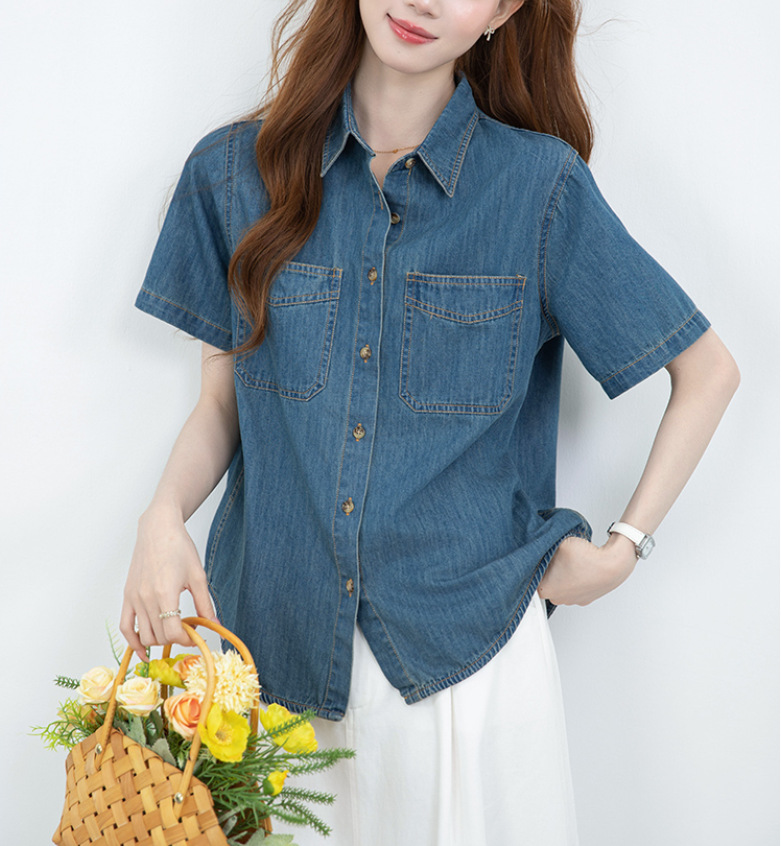 Áo sơ mi denim nữ tay dài phong cách retro rộng rãi — xanh lam chi tiết 2
