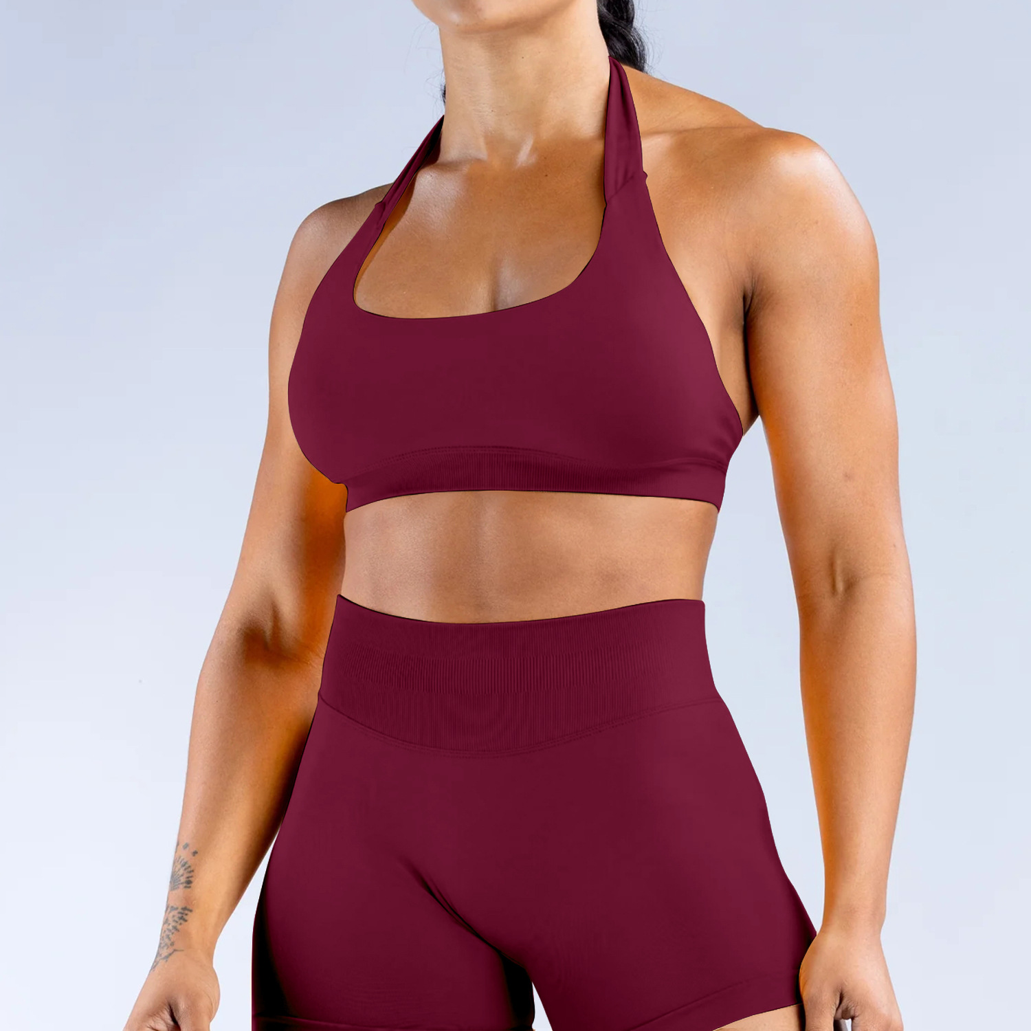アマゾン高弾超細艶消しナイロン首美背シームレス運動ブラジャー露出防振ヨガブラジャー