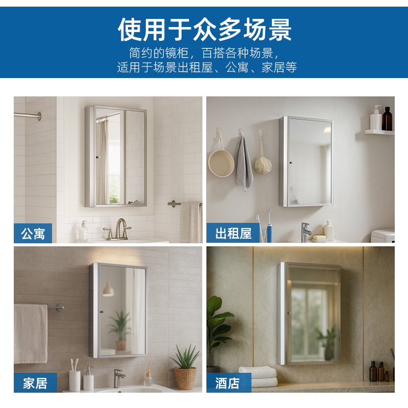 跨境批发小户型卫生间鏡櫃镜台浴室8K亮面不锈钢镜柜单独挂墙式厂|undefined
