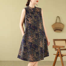 外贸一线大牌出口尾单中式改良印花棉麻背心旗袍裙盘扣显瘦连衣裙