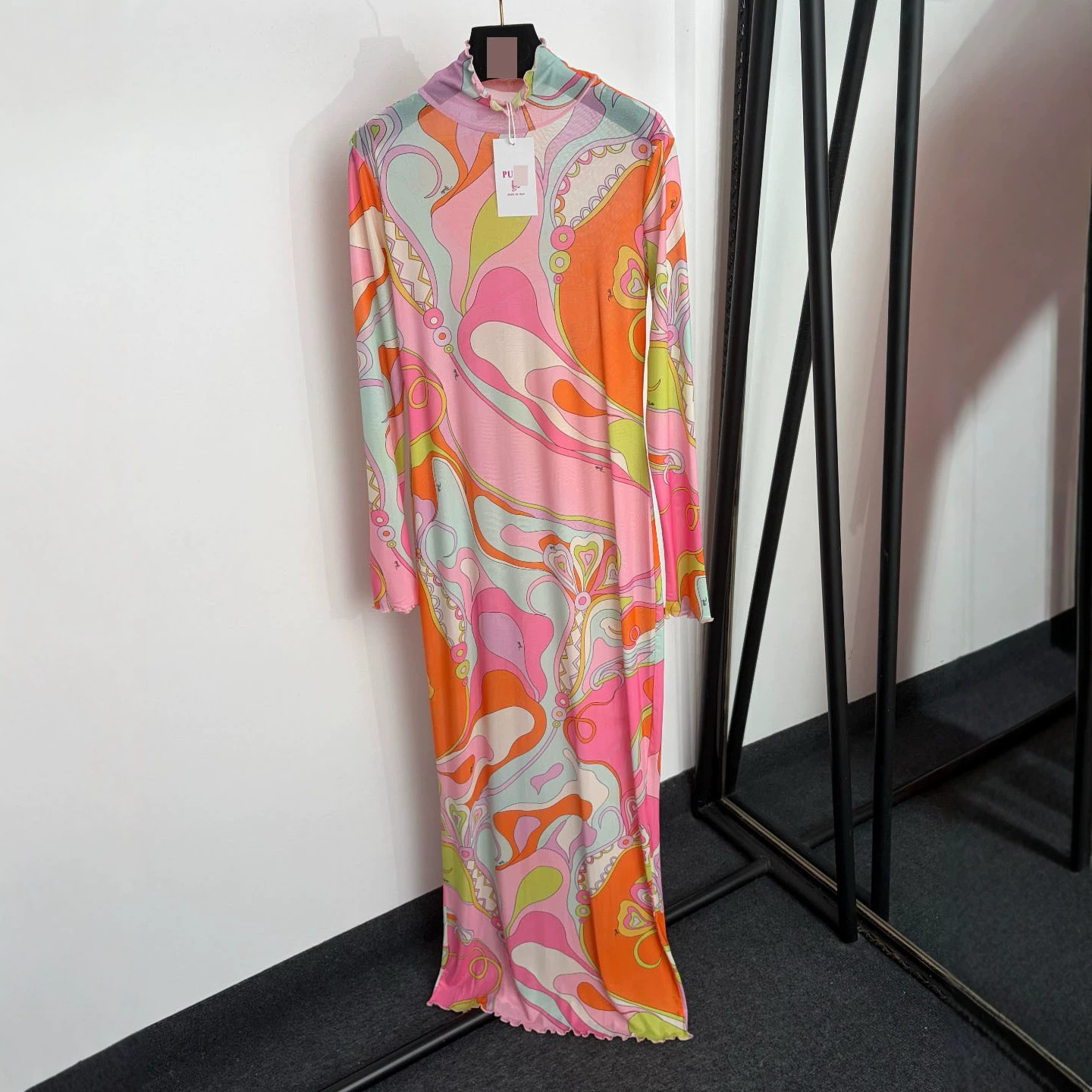 Irregular Color Block Print, Half-High Collar, Slim-Fit Brand Logo Long-Sleeve Dress_ecoleips.com