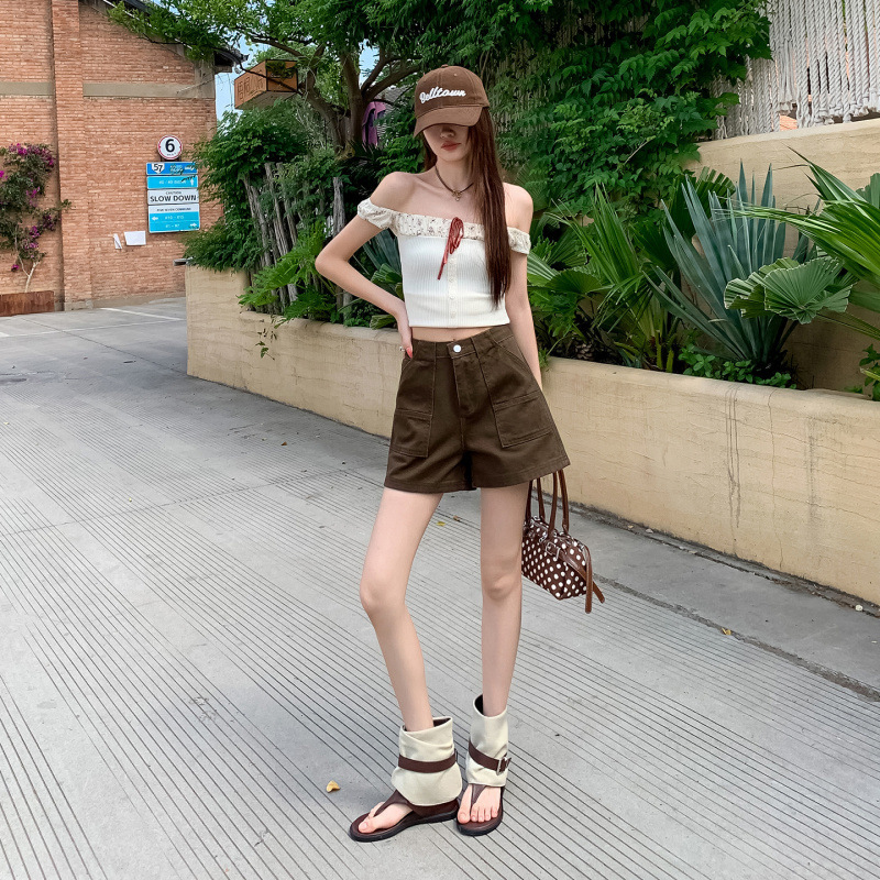 Brown Coffee Color American Retro 2026 New Summer High-Waisted Wide-Leg Work Shorts for Women, Slimming Sweet Cool Hot Girl Hot Pants