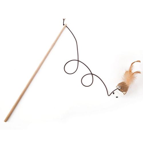 Manufacturer wholesale handmade wooden pole with bell, paper rope ball cat toy, feathered linen mouse wooden pole, cat teasing stick