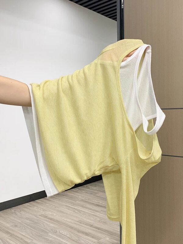 【自社工場在庫あり】フェイクツーピースコントラストカラー長袖Tシャツレディースプリーツウエスト痩身インナーベストトップ|undefined