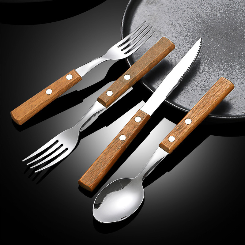 304 de acero inoxidable mango de beech cuchillo de filete tenedor cuchara de postre cuchillo de restaurante occidental tenedor cuchara de regalo set de cuatro piezas