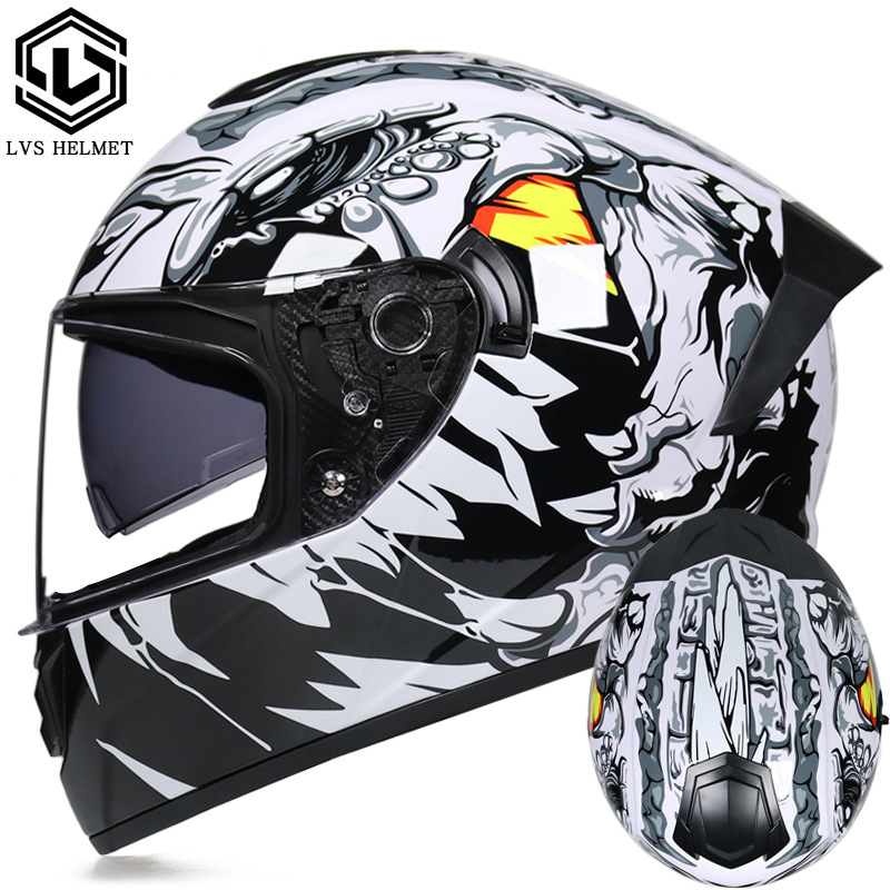 Coche eléctrico con casco completo, casco completo de otoño e invierno, coche eléctrico de carreras de imitación, coche eléctrico masculino, caballero, doble lente, cola larga