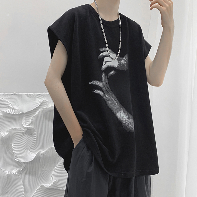 vintaget T-shirt short sleeve oversize cold style ruffle handsome hiphop fried street national fashion hip hop sleeveless vest men