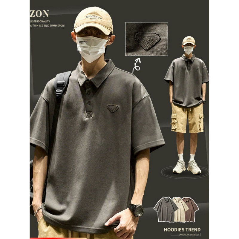 Рубашка-поло мужская летняя японская модная марка с простым вышитым логотипом модная свободная вафельная футболка с короткими рукавами и лацканами с половиной рукавов ins