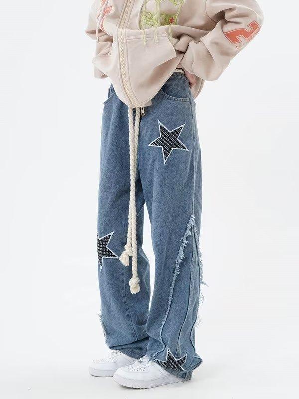 High Street Flared Ripped Light Blue Jeans Couple Loose Patchwork Casual Pants Men Hip Hop 2025 Trend_viptrois.com