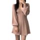 South Korea Chic Autumn and Winter Vintage Hemp Pattern V-Collar Tight Waist Puff Puff Sleeve A- line Knitted Sweater dress Women
