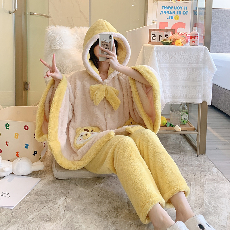 Pajamas Women's Winter Coral Fleece-Lined Thickened Cute Cartoon Bat Sleeves Yellow Bear Warm Flannel Home Clothes