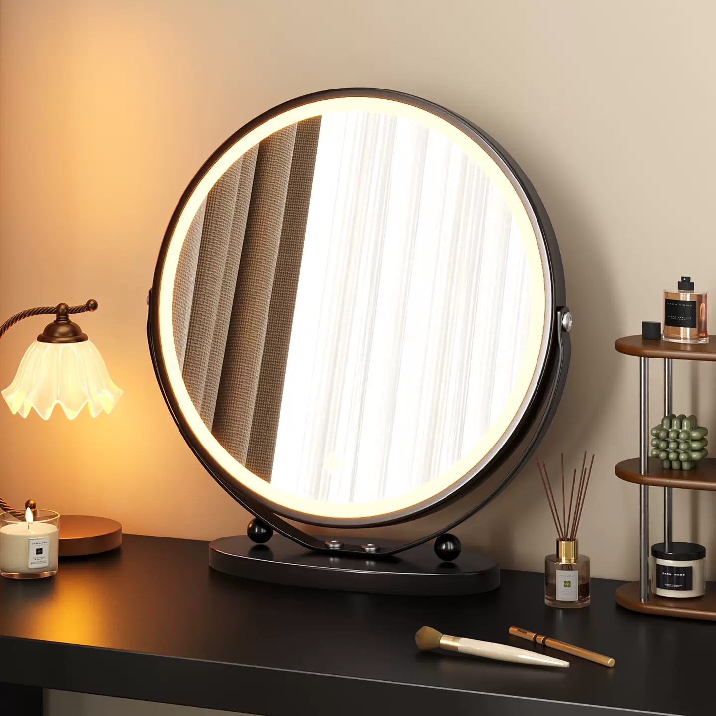 化妆镜LED带灯台式桌面轻奢高级感梳妆镜卧室大镜子可旋转美妆镜