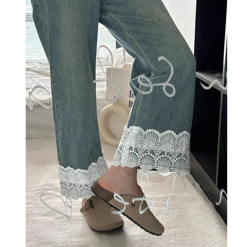 Internet Popular Pregnant Women's Pants Spring and Summer Lace Stitching Straight Jeans Loose Belly-supporting Wide-leg Cropped Pants Fashionable Hot Mom