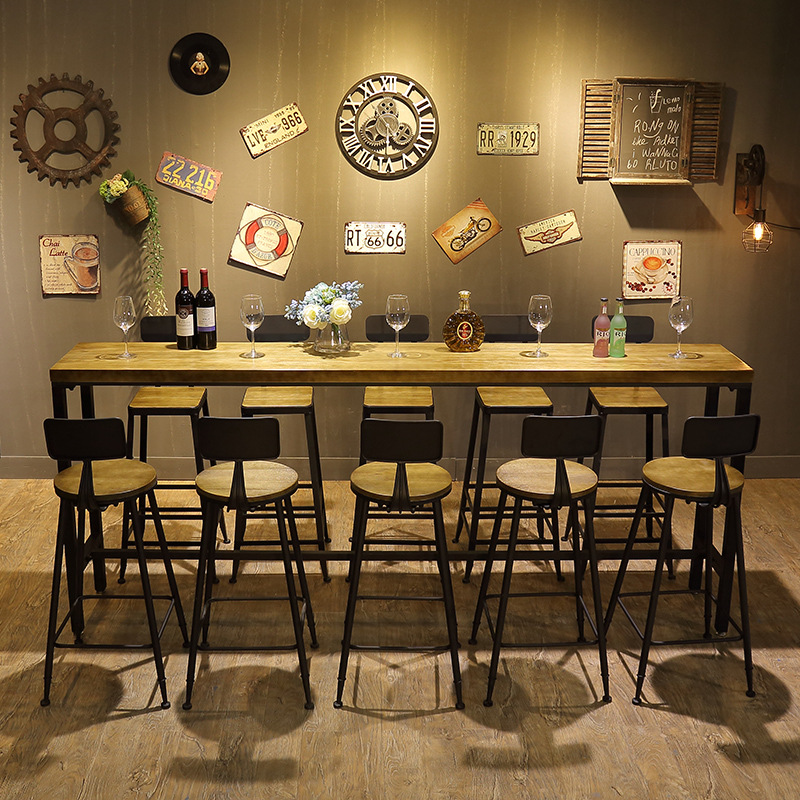 Industrial-style iron and wood home bar counter chairs and tables, modern minimalist bar high stools, cafe and bar chairs and tables