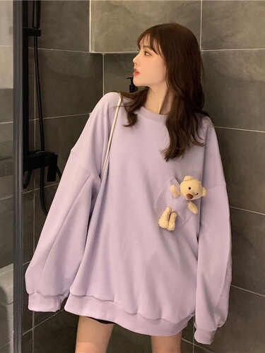 Pocket Bear Sweatshirt Women's Loose Korean Style Mid-Length Spring and Autumn Wear Thin 