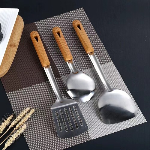 Stainless steel spatula and slotted spoon set kitchen thickened chef cooking spatula cooking soup spoon small hole wood grain handle series
