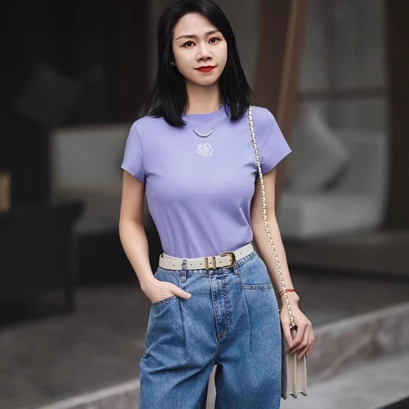 Gejia New Women's Clothing 2025 Summer Versatile Pure Color Rose Pattern Round Neck Embroidered Pure Cotton Short-Sleeved T-Shirt for Women