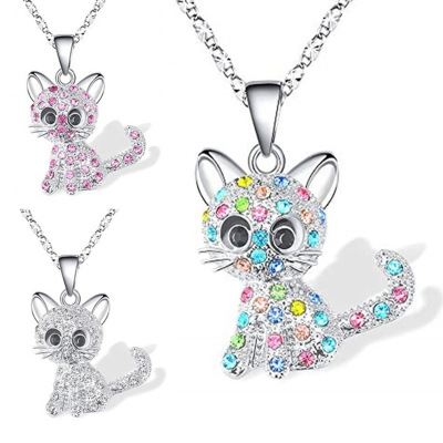 2pcs Colorful cat diamond pendant jewelry for women girls European American animal cartoon clavicle chain necklaces 