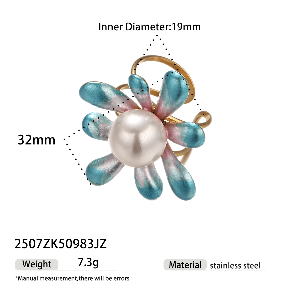 Anillo de acero inoxidable europeo y americano de Tena, flor femenina que no se desvanece, anillo de perla de imitación azul, joyería de mano de alta gama de nicho