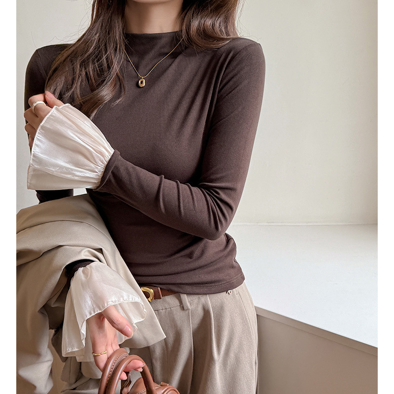 Premium Korean-style high-neck Tencel Lyocell base layer top for women, autumn and winter, with stylish lace cuffs and inner layer design.