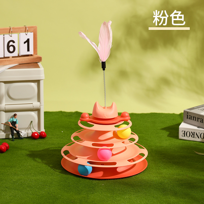 Nueva mascota gato divertido cuatro capas pista de plástico con pluma desmontable gato juguete auto-Hola tocadiscos divertido gato palo venta al por mayor