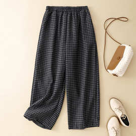 2026新款羊毛混纺格纹直筒裤松紧腰休闲长裤