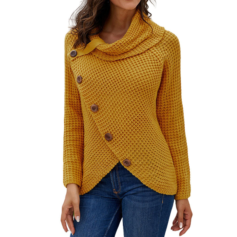 Suéter Amarillo Nuevo de Otoño 2023, Estilo Transfronterizo, con Botones, Cuello Alto, Color Sólido, de Manga Larga, Tejido, Informal y Versátil para Mujer