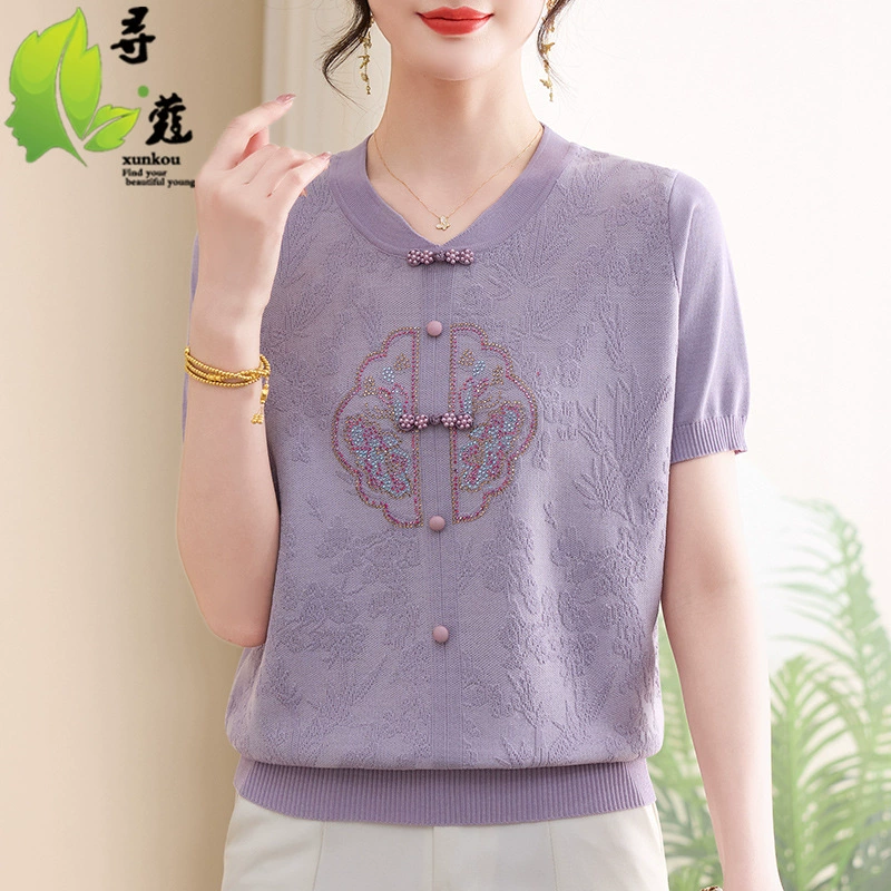 Новая мама летняя одежда мода среднего и пожилого возраста с короткими рукавами свитер темперамент тонкая рубашка 50 лет летом среднего возраста