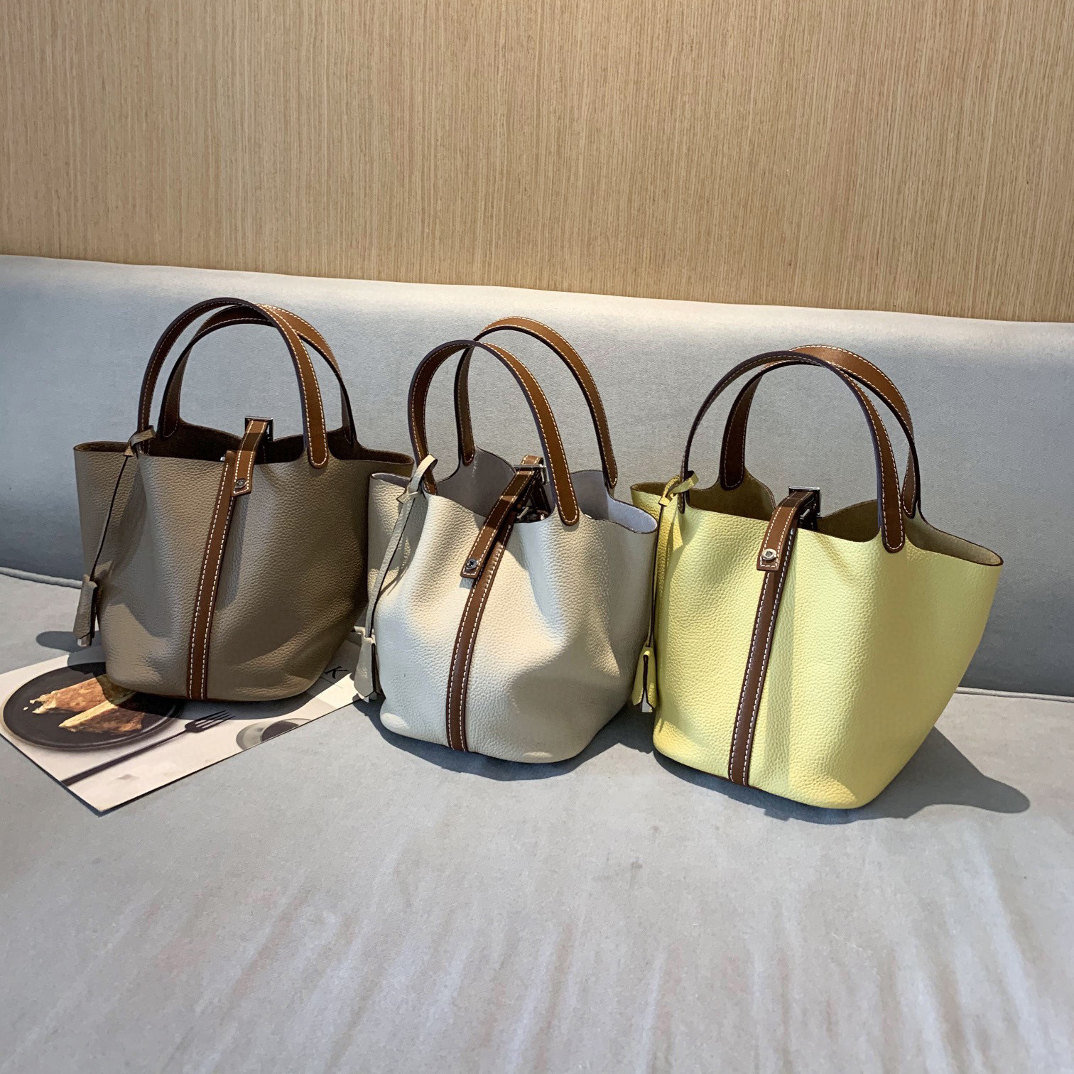 女包2022togo皮拼色菜篮子大容量手提包时尚牛皮荔枝纹包包女撞色