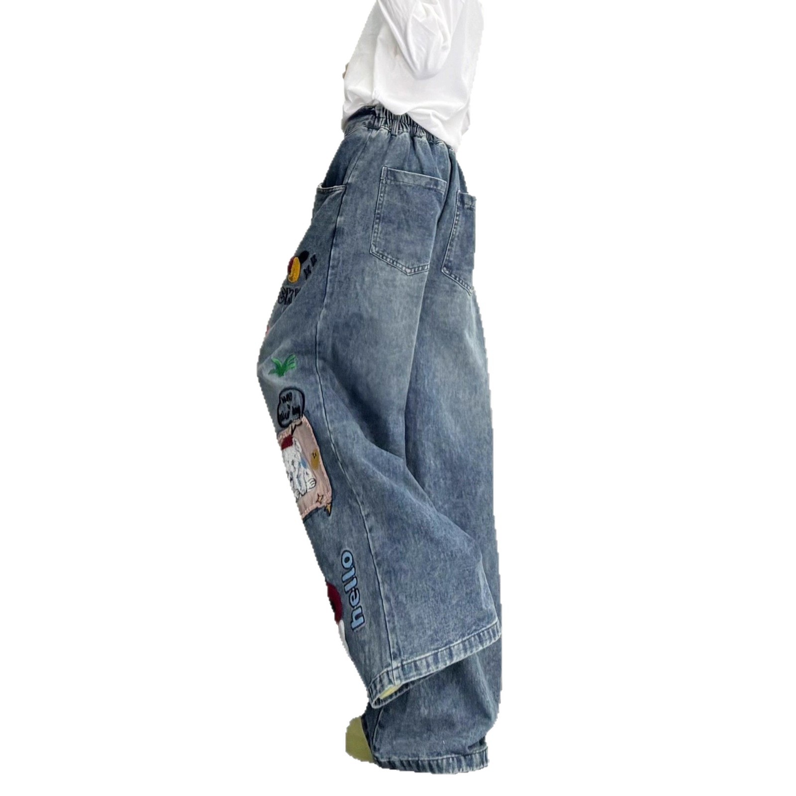 Cute Cartoon Patchwork Wide Leg Jeans For Women, High Waist Loose Baggy Denim Pants, 90s Streetwear Casual Trousers For Everyday & Vacatio Jeans Donna_voghion.com