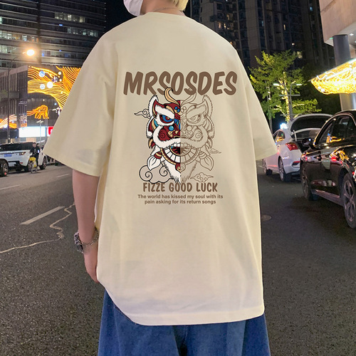 Pure Cotton Summer Short Sleeve T-Shirt for Men with Lion Dance Cartoon Crew Neck Half Sleeve Trendy Hong Kong Style T-Shirt for Boys