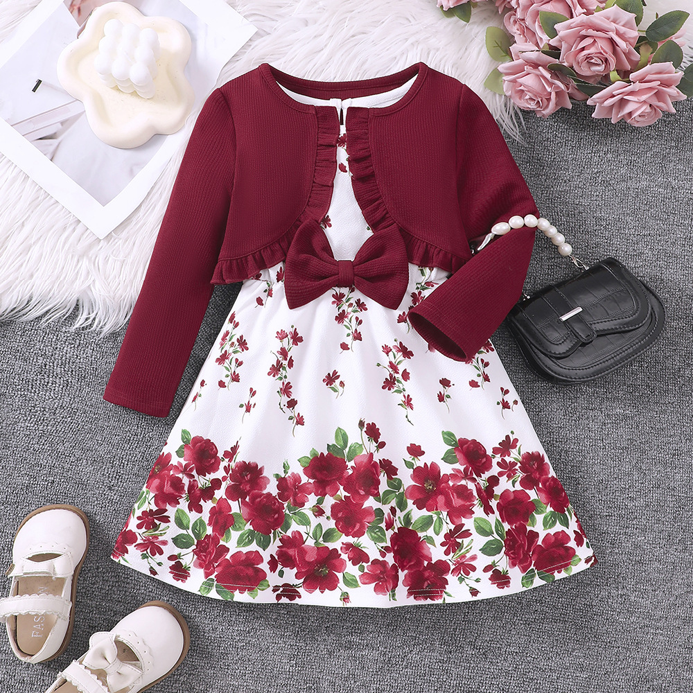 Vêtements pour enfants EW Nouveau produit pour filles Printemps et automne Robe imprimée Ensemble cardigan tricoté TZ828-C_voghion.com