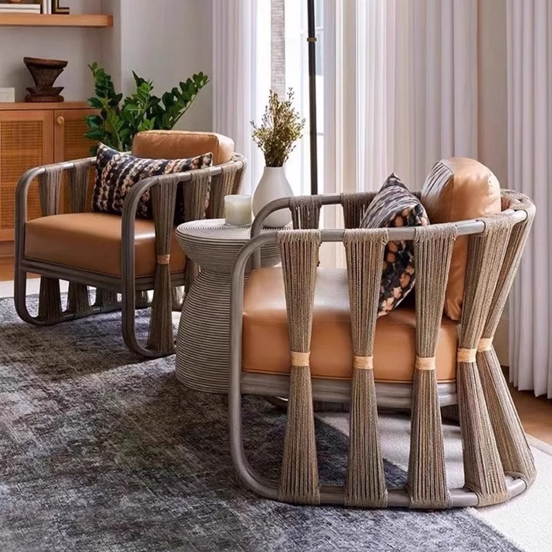 Sofá nórdico al aire libre protector solar pequeño tipo de casa individual ocio sofá silla muebles sala modelo balcón pequeña mesa de té combinación