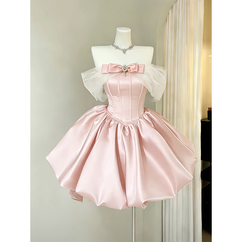 Pink Short One-Shoulder Princess Dress for Banquets, Student Day, Coming-Of-Age Ceremony, Graduation, Vocal Performance, and Host Pink Short One-Shoulder Princess Dress for Banquets, Student Day, Coming-Of-Age Ceremony, Graduation, Vocal Performance, and Host