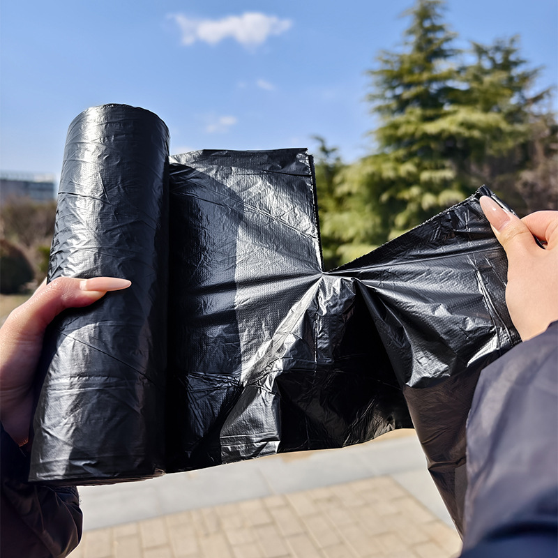 Bolsa de basura de fondo plano de boca plana, propiedad de hotel negro, rollo continuo comercial, bolsa de plástico de saneamiento industrial engrosada