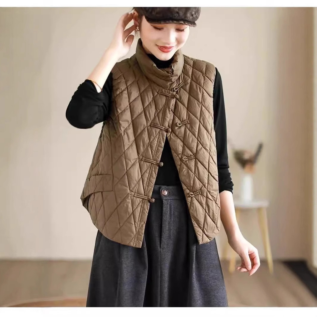 复古中国风羽绒马甲女菱格盘扣短款2024冬季白鸭绒背心潮新中式